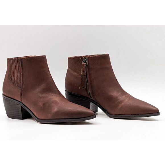 Franco Sarto Booties Size 6.5 Brown Distressed Leather Pointed Toe Block Heel - Picture 1 of 12